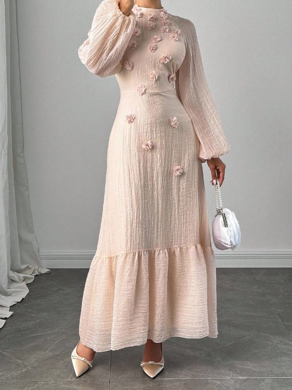 Pink Elegant Women's 3d Floral Decor Lantern Sleeve Dress - Picture 6 of 6
